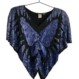 Vintage 70s/80s BUTTERFLY Bluish purple sequin and beaded cape blouse top Sz M